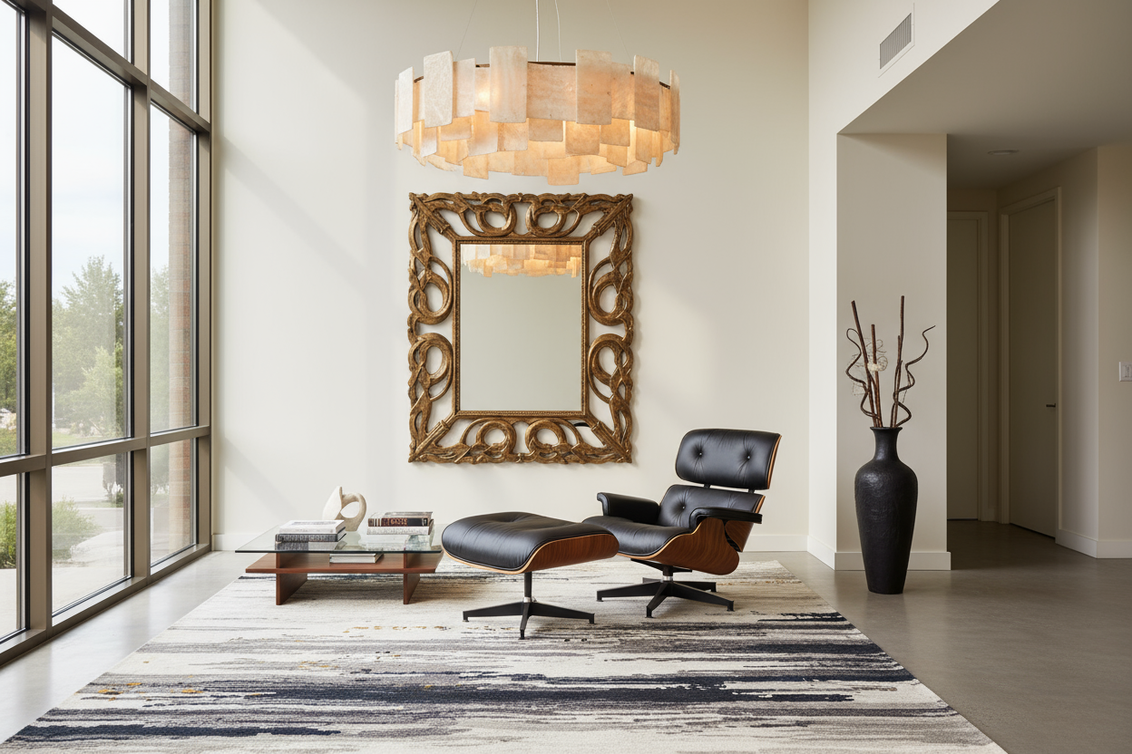 Contemporary living room with Eames chair, modern travertine chandelier, large ornate mirror, abstract modern rug and large decorative vase  